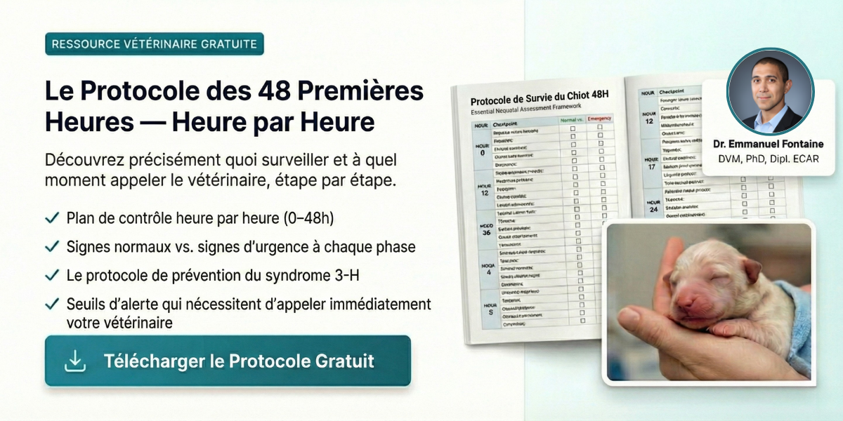 Protocole de survie 48h du chiot nouveau-né - Guide gratuit par Dr. Emmanuel Fontaine