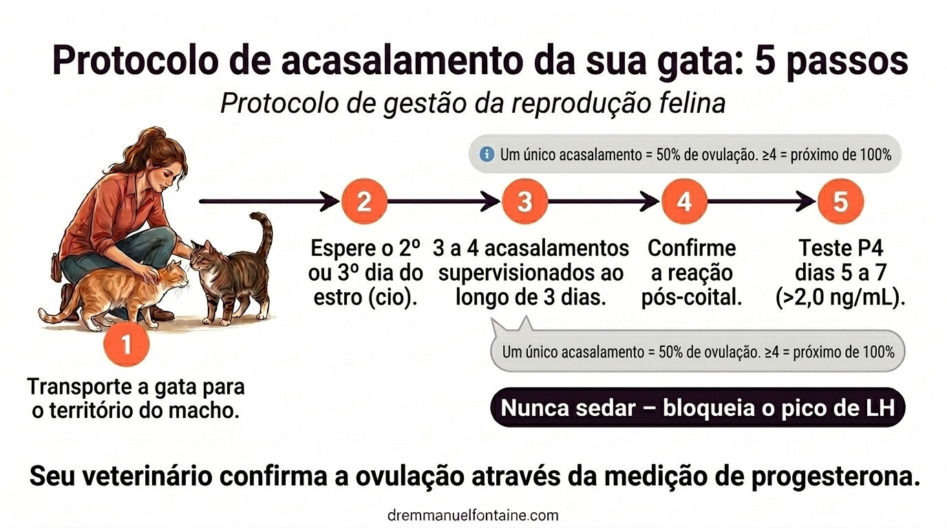 Ciclo estral gata protocolo acasalamento 5 passos infográfico