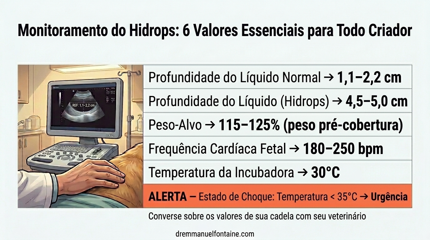 Infográfico mostrando 6 números-chave para monitoramento da gestação e detecção de hidrops materno canino