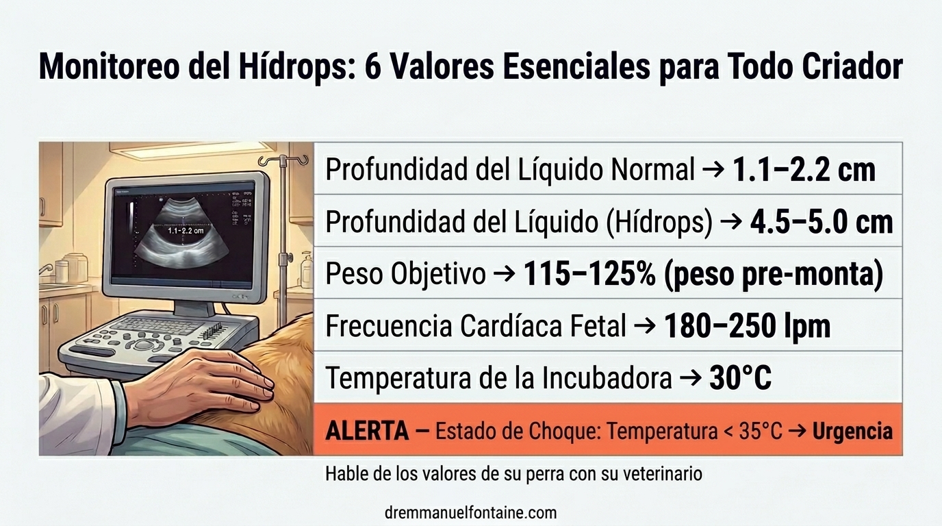 Infografía mostrando 6 números clave para monitoreo de gestación y detección de hidrops materno canino