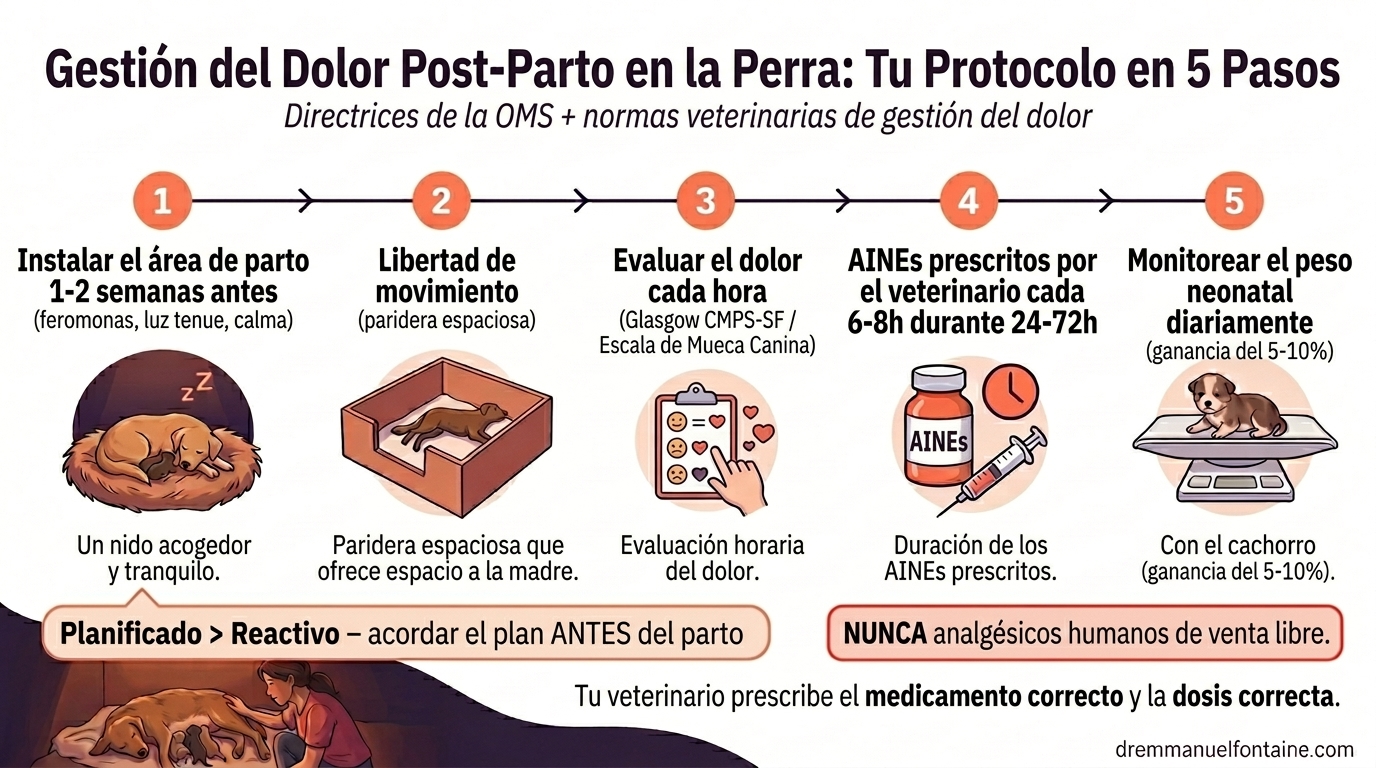 Protocolo postparto 5 pasos - Manejo del dolor de parto canino