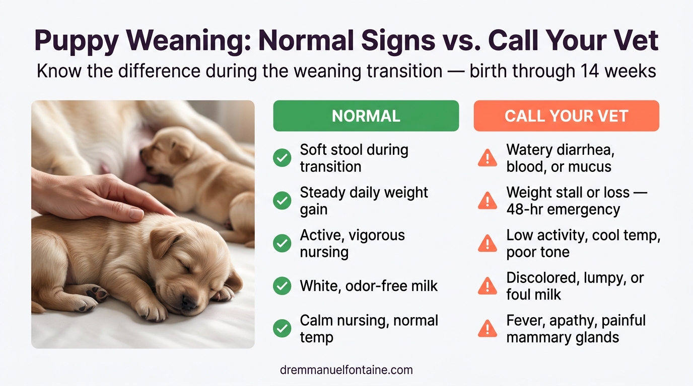 Normal vs vet visit during puppy weaning - red flag green flag guide