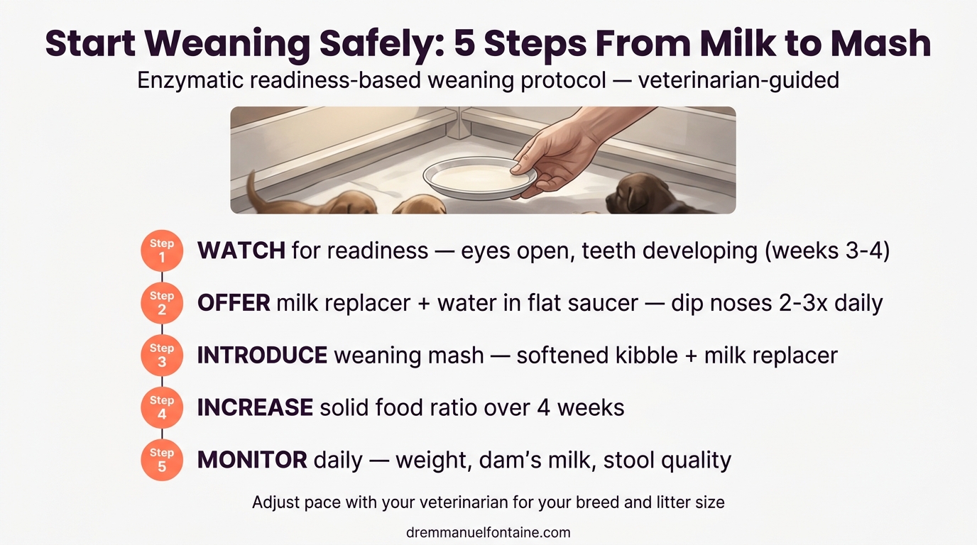 Puppy weaning protocol card - milk to mash transition guide
