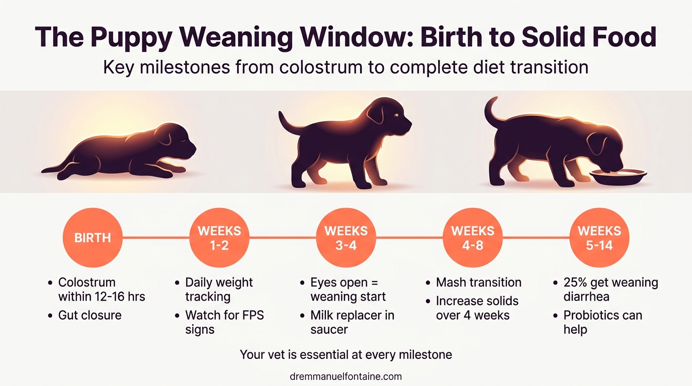 Puppy weaning timeline from birth to solid food - Dr. Emmanuel Fontaine