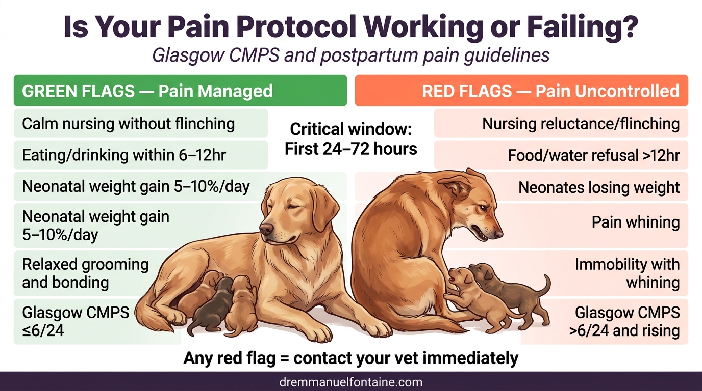 Whelping pain protocol red flag green flag infographic