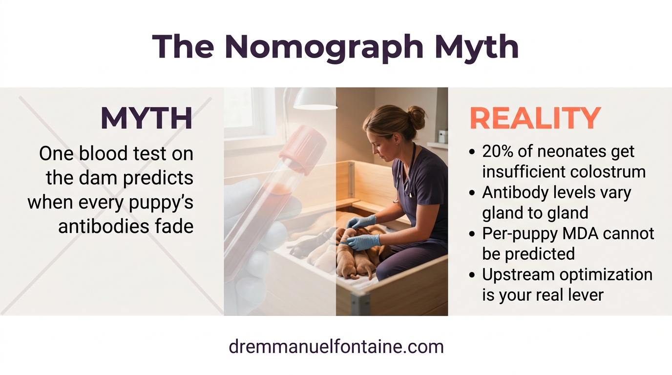 The Nomograph Myth - why a single dam serum titer cannot predict per-puppy maternal antibody fade