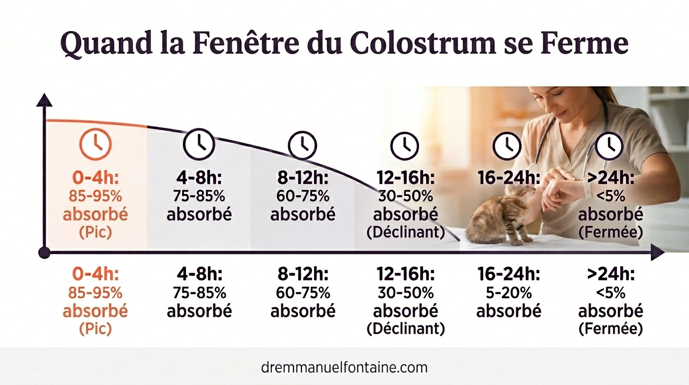 Infographie sur la fenêtre d'absorption du colostrum chez le chaton et sa fermeture