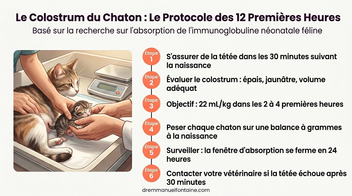 Infographie sur le protocole colostrum des 12 premières heures du chaton