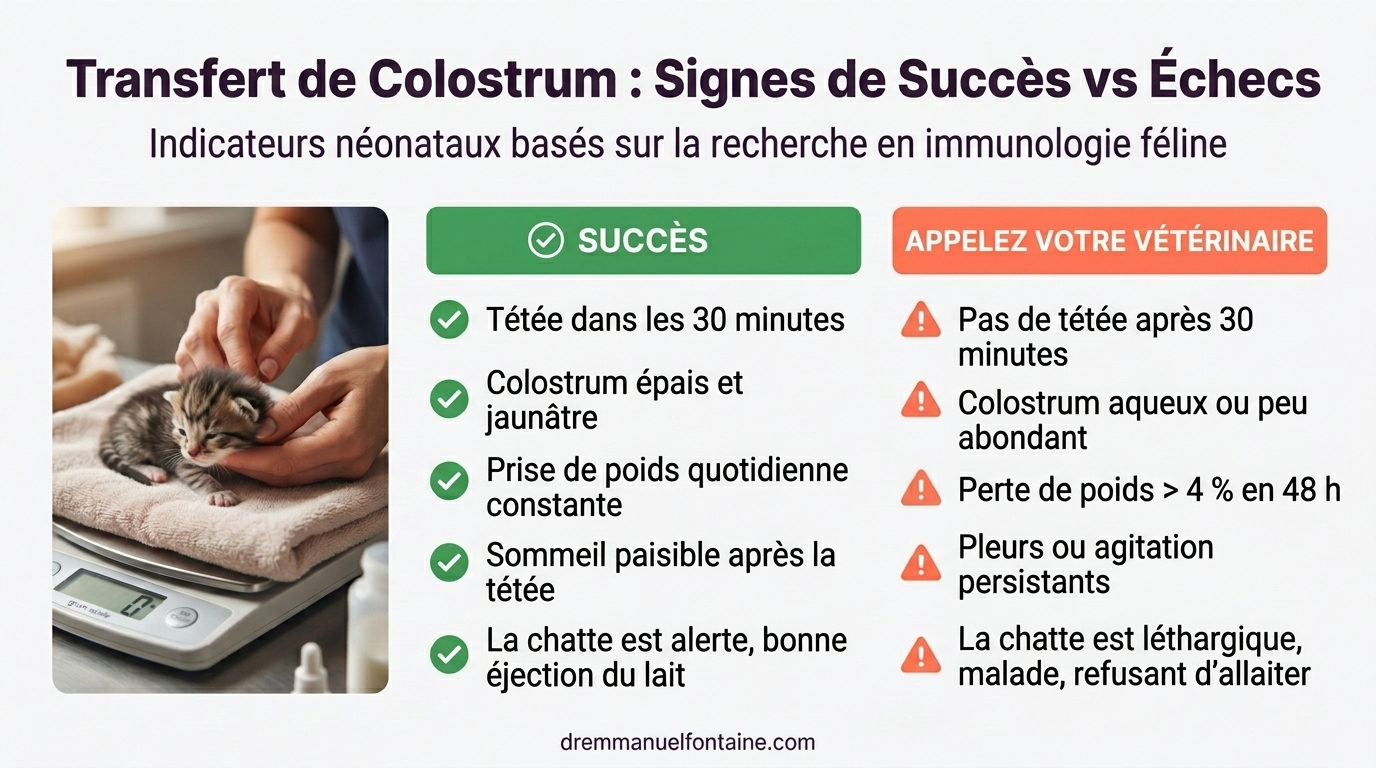 Infographie sur les signes de succès vs échec du transfert de colostrum chez le chaton