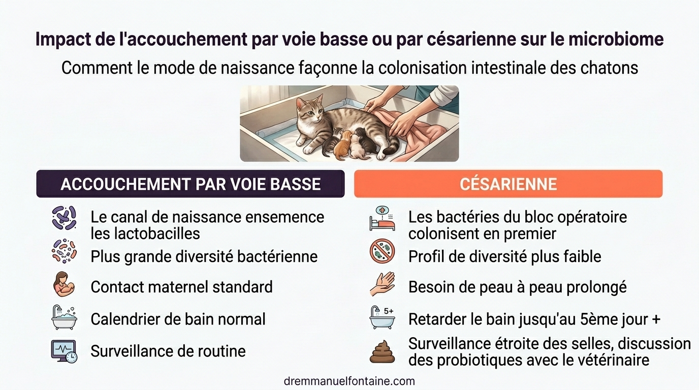 Infographie de comparaison du microbiome : naissance vaginale vs césarienne chez le chaton