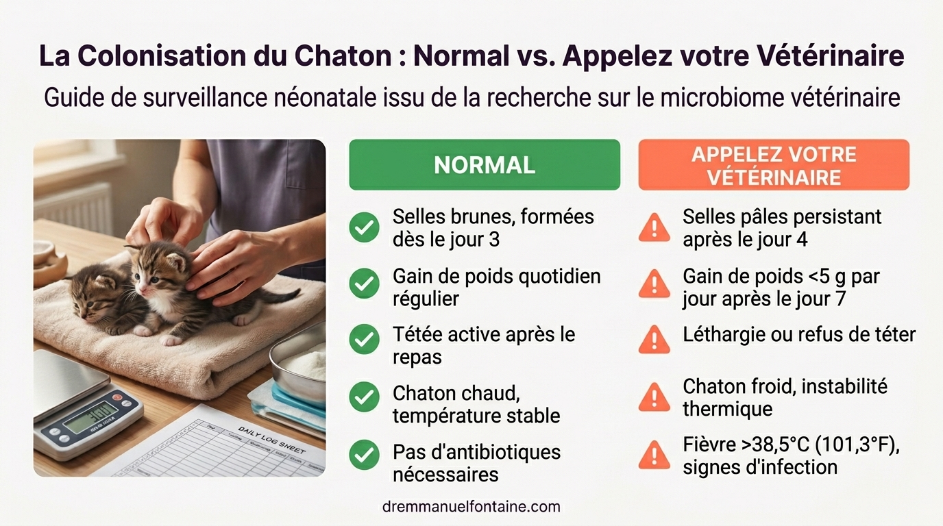 Infographie de surveillance : colonisation normale du chaton vs quand appeler le vétérinaire