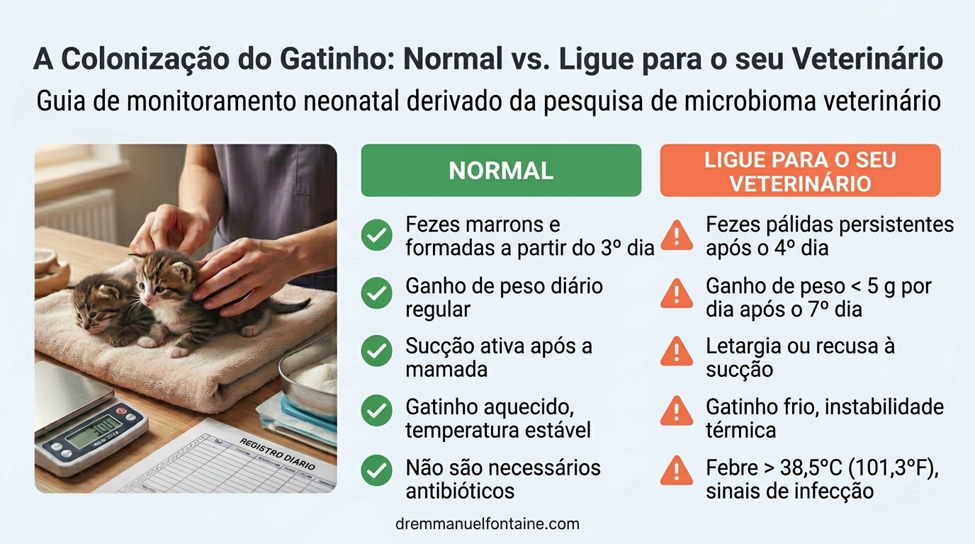 Infográfico de monitoramento: colonização normal do gatinho vs quando chamar o veterinário