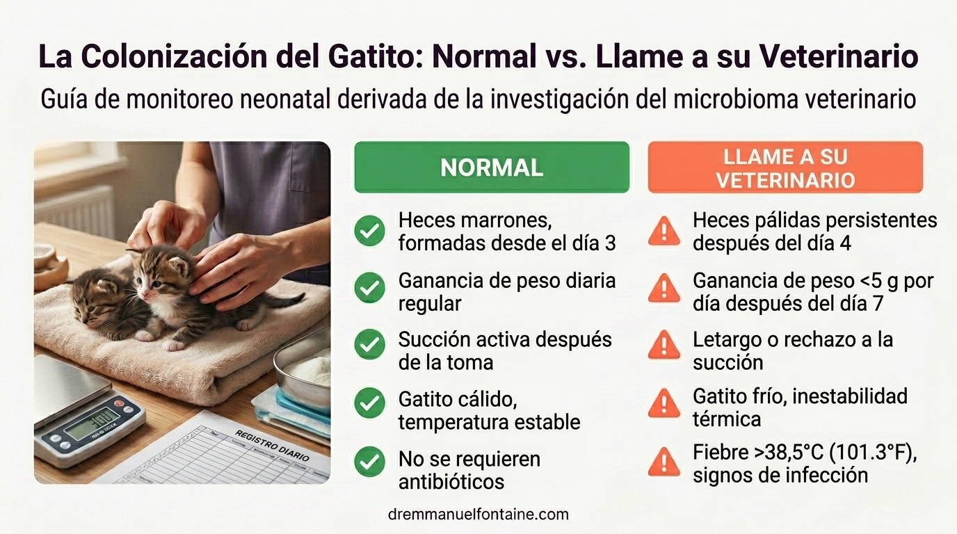 Infografía de monitoreo: colonización normal del gatito vs cuándo llamar al veterinario