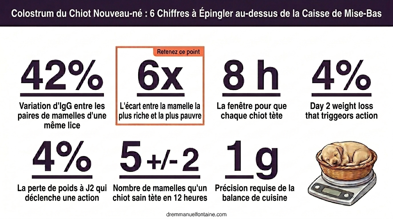 Colostrum du chiot nouveau-né : 6 chiffres à afficher au-dessus du box de mise bas