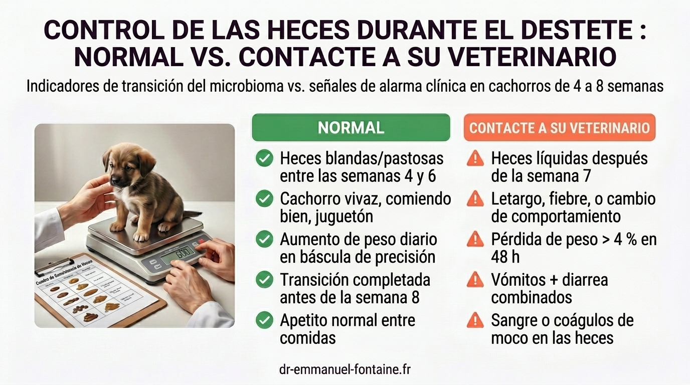 Infografía heces normales vs veterinario destete cachorro