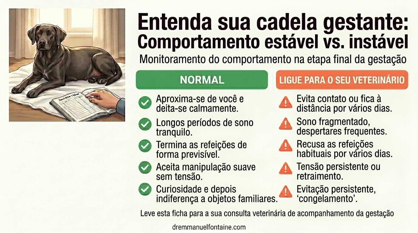 Entenda sua cadela gestante: Comportamento estável vs instável - Infográfico