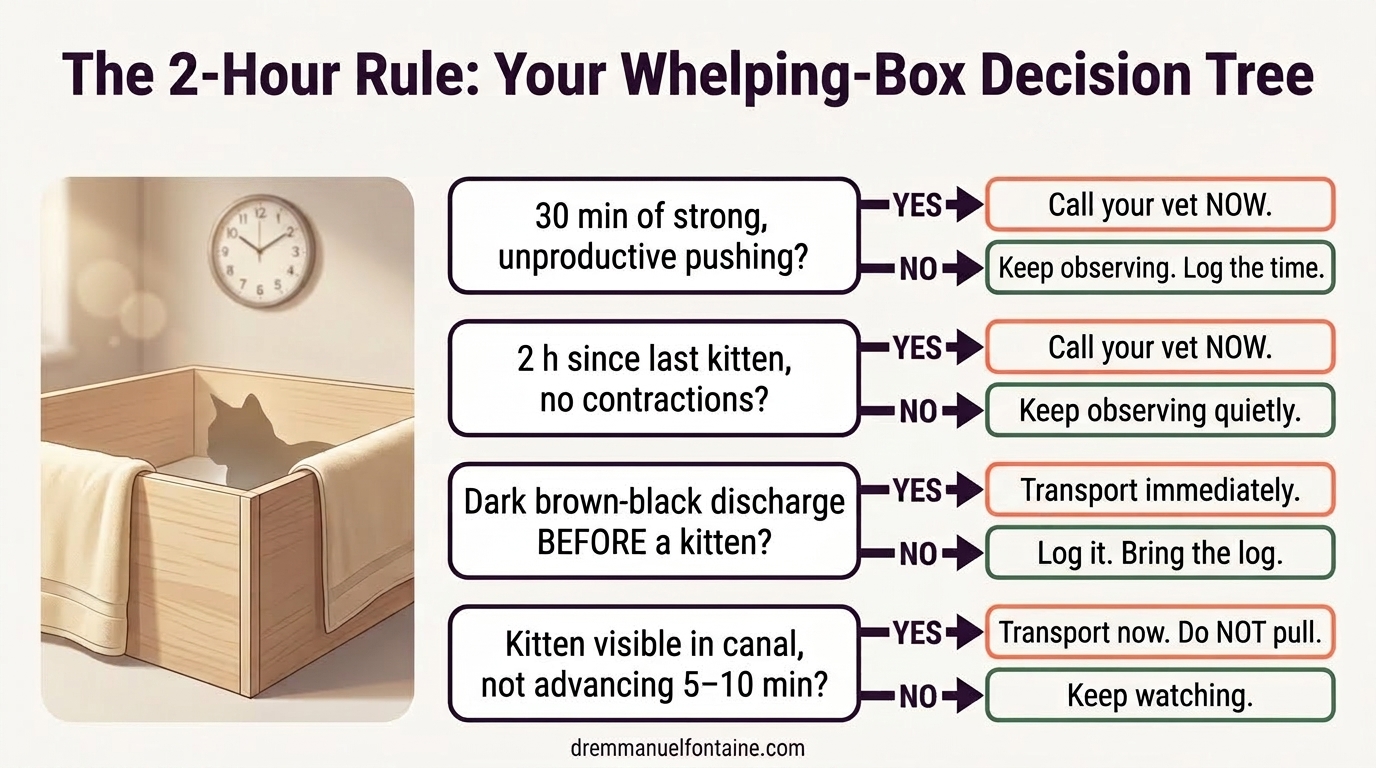 The 2-Hour Rule Whelping-Box Decision Tree - Feline Dystocia infographic