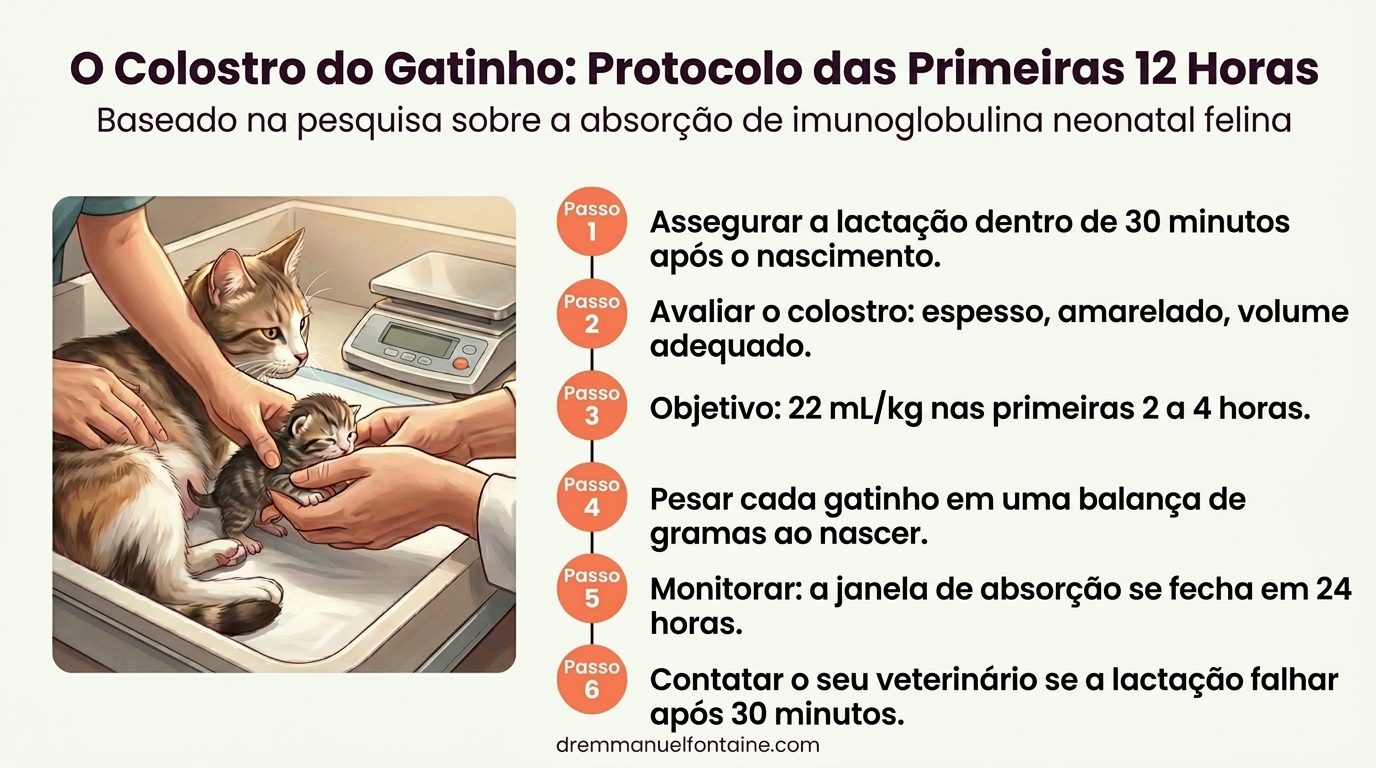 Infográfico protocolo de colostro primeiras 12 horas para gatinhos