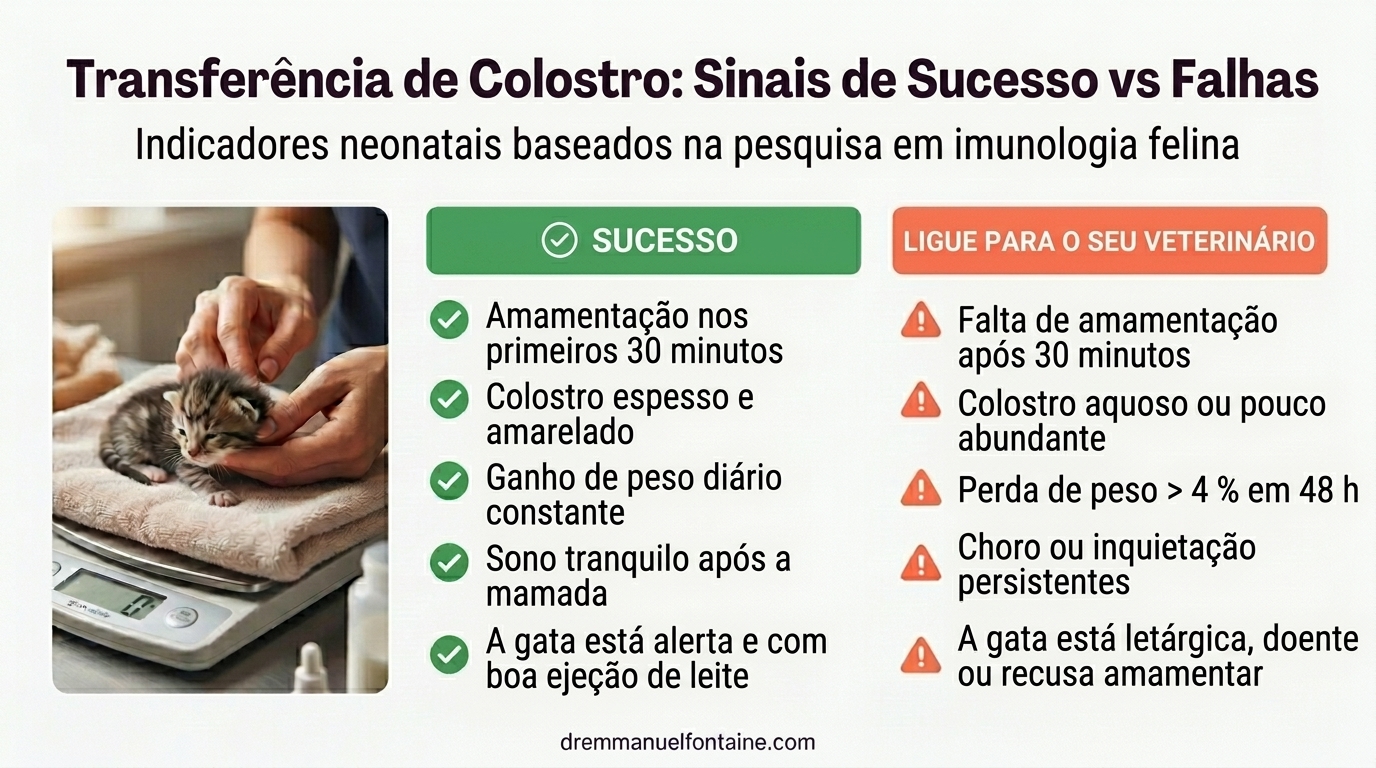 Infográfico sinais de sucesso vs falha na transferência de colostro em gatinhos