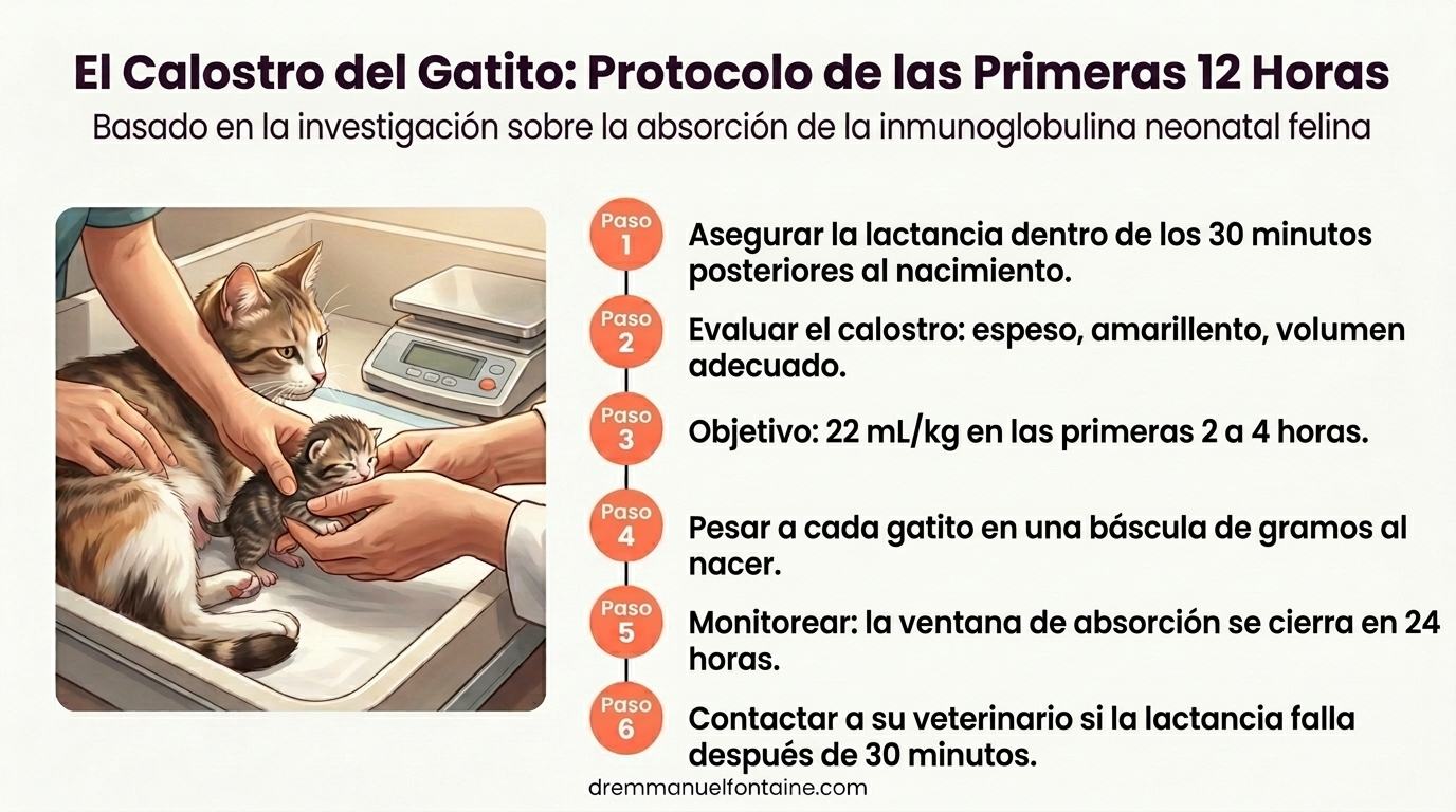 Infografía del protocolo calostro de las primeras 12 horas del gatito
