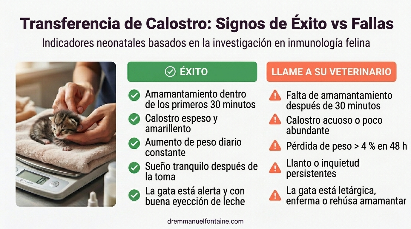 Infografía sobre signos de éxito vs fracaso en la transferencia de calostro del gatito