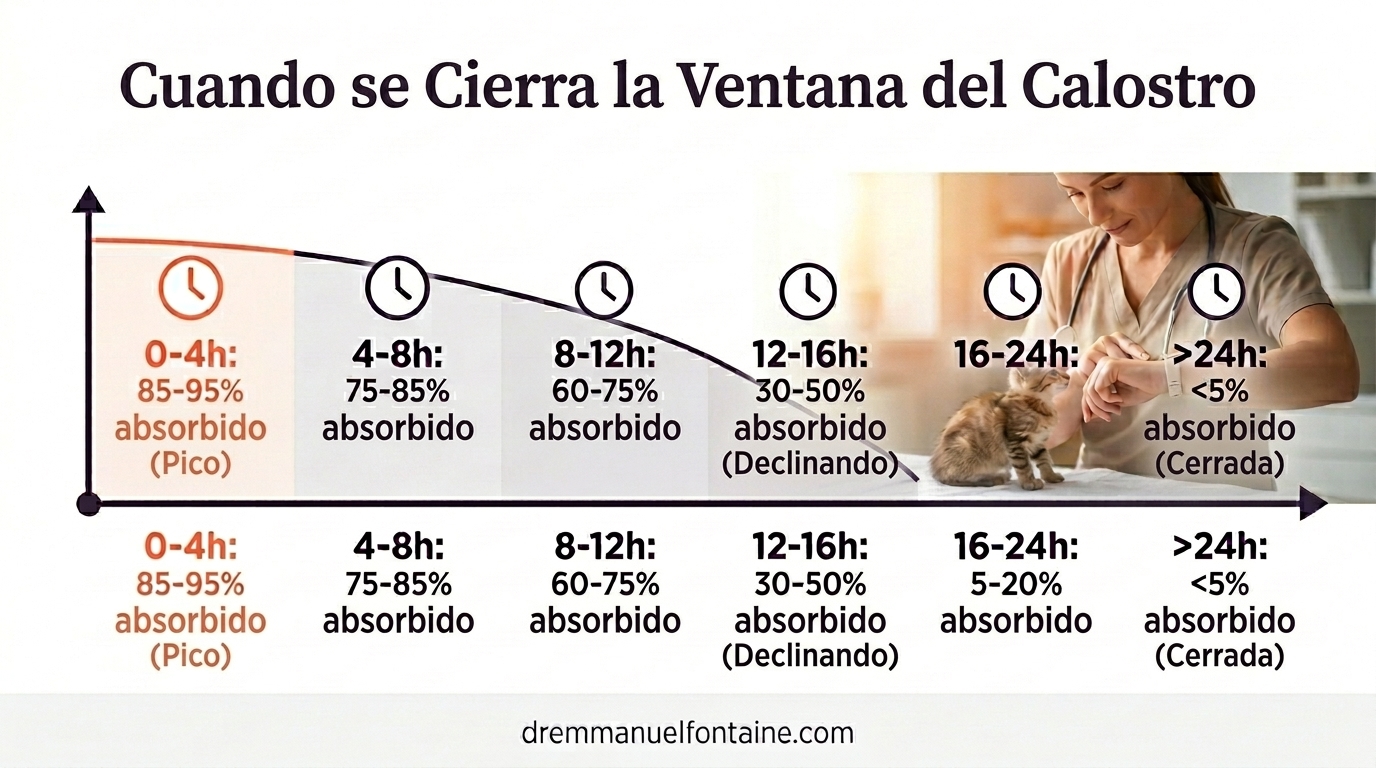 Infografía sobre la ventana de absorción del calostro del gatito y su cierre