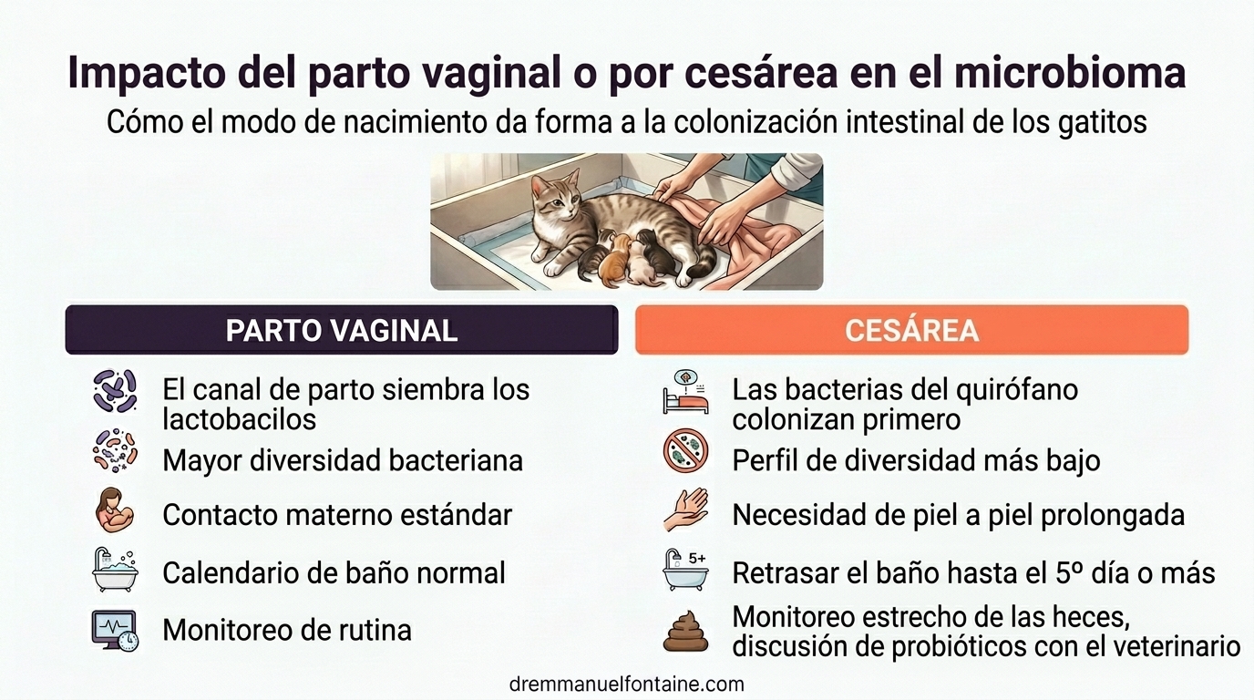 Infografía de comparación del microbioma: parto vaginal vs cesárea en gatitos