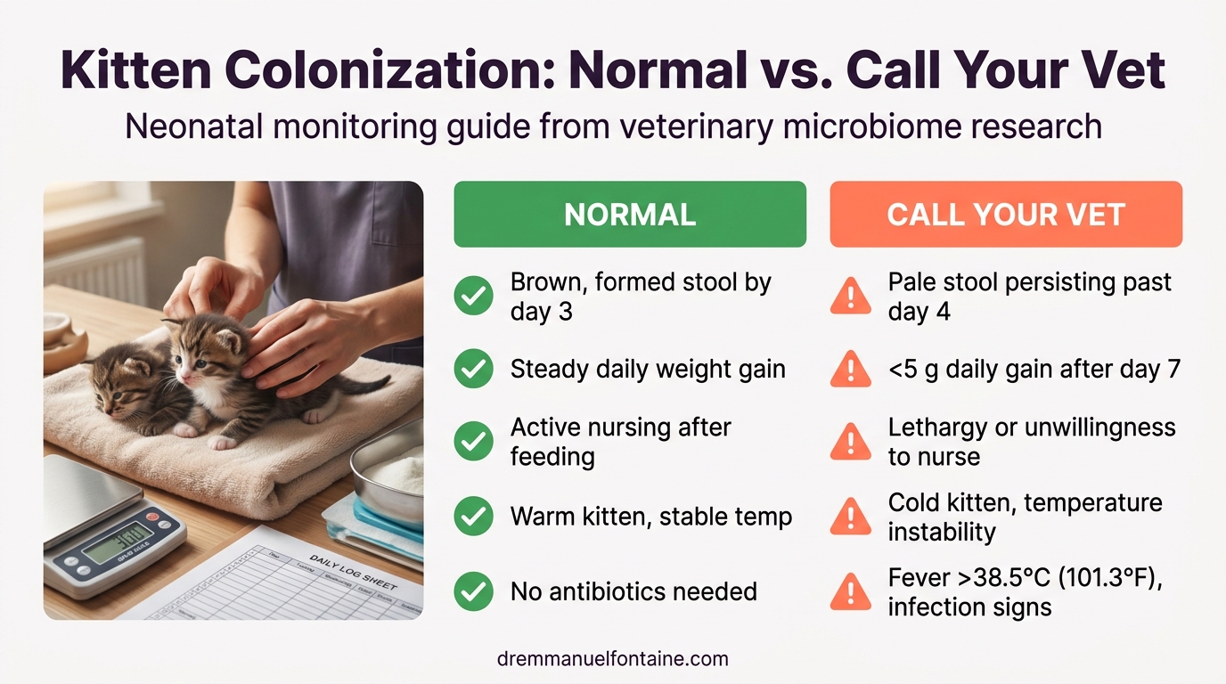Kitten colonization normal vs call vet monitoring infographic