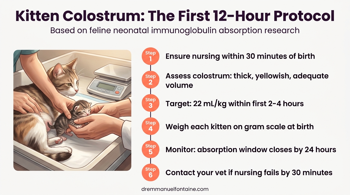 Kitten colostrum first 12 hour protocol infographic