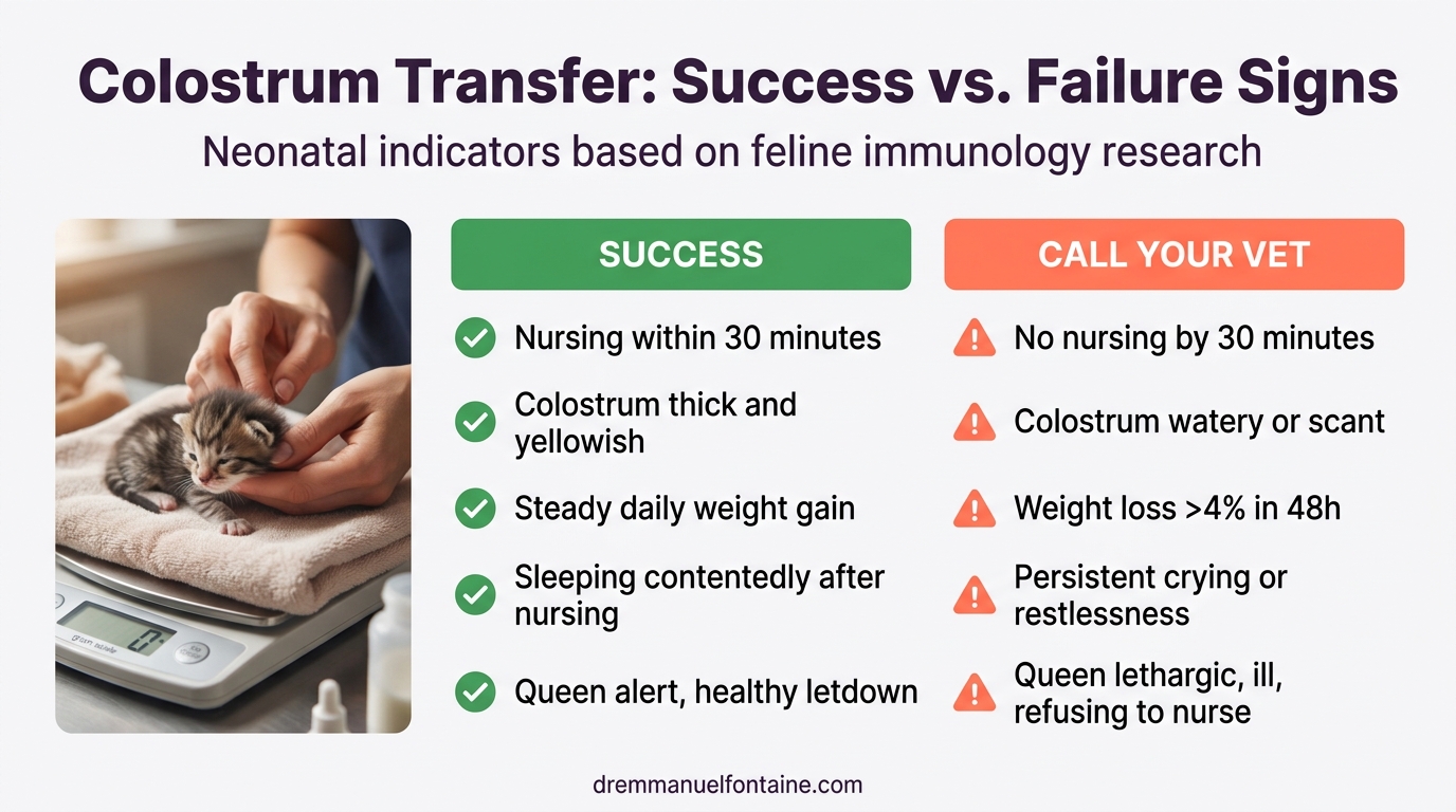 Kitten colostrum transfer success vs failure signs infographic