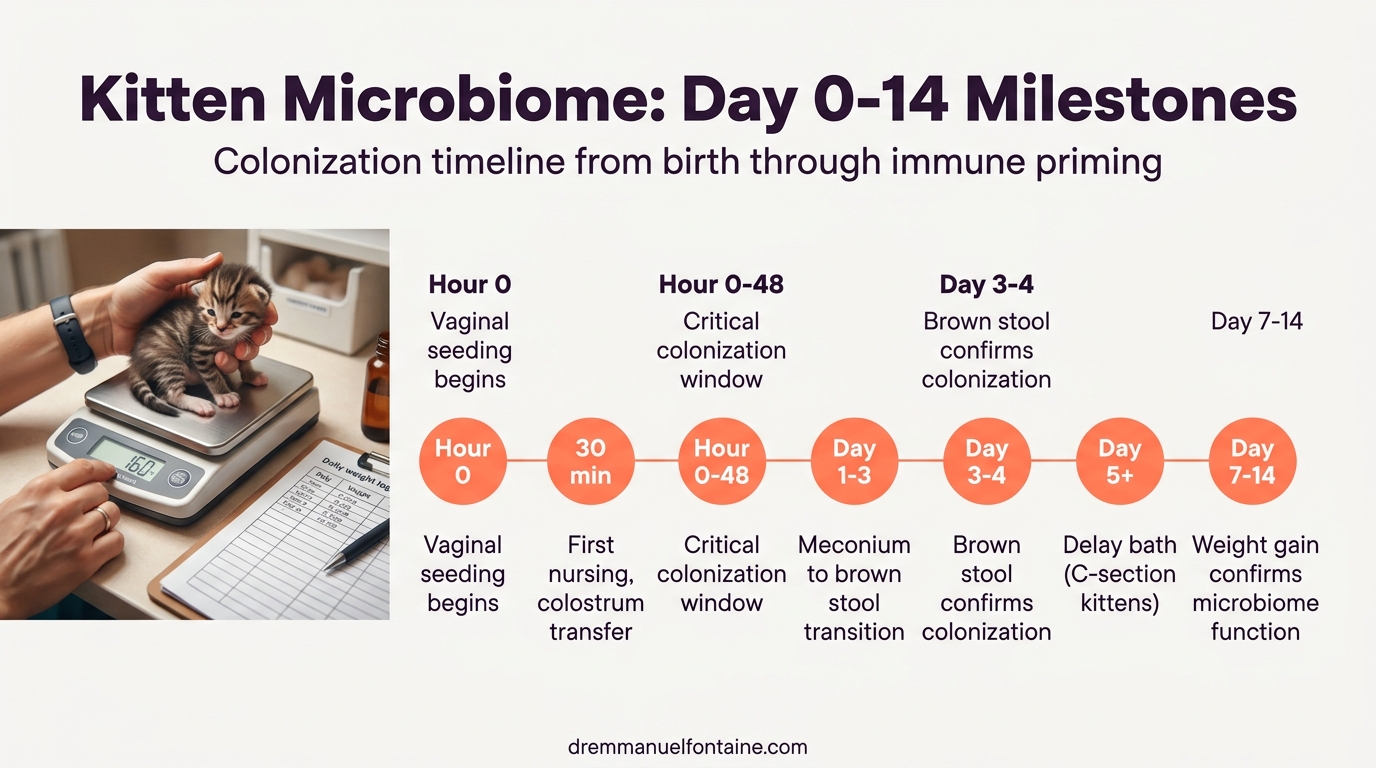 Kitten microbiome day 0-14 colonization milestones infographic