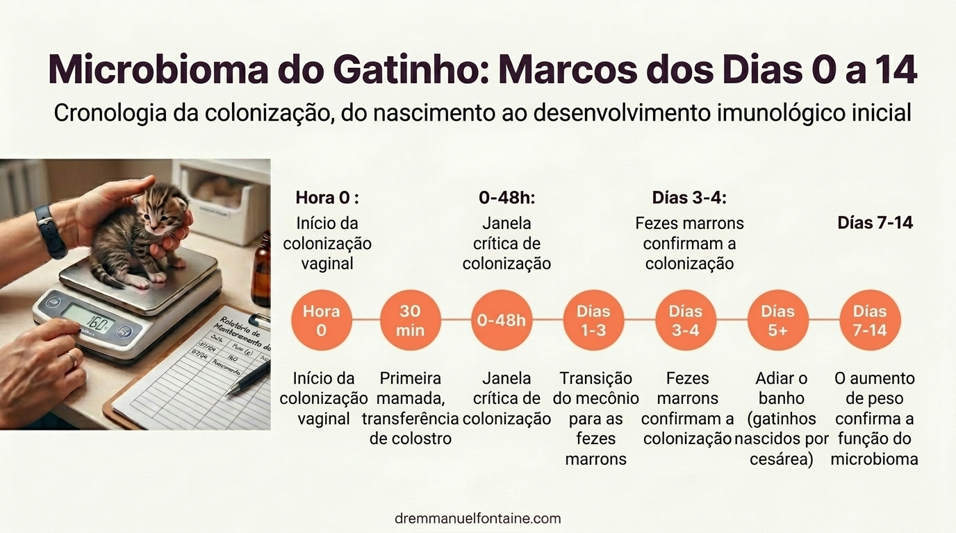 Infográfico dos marcos de colonização do microbioma do gatinho dia 0-14
