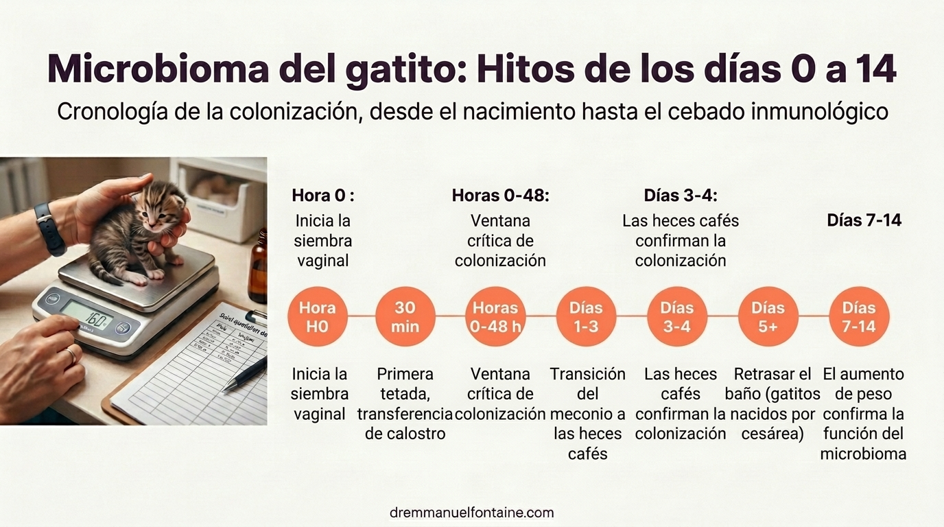 Infografía de los hitos de colonización del microbioma del gatito día 0-14