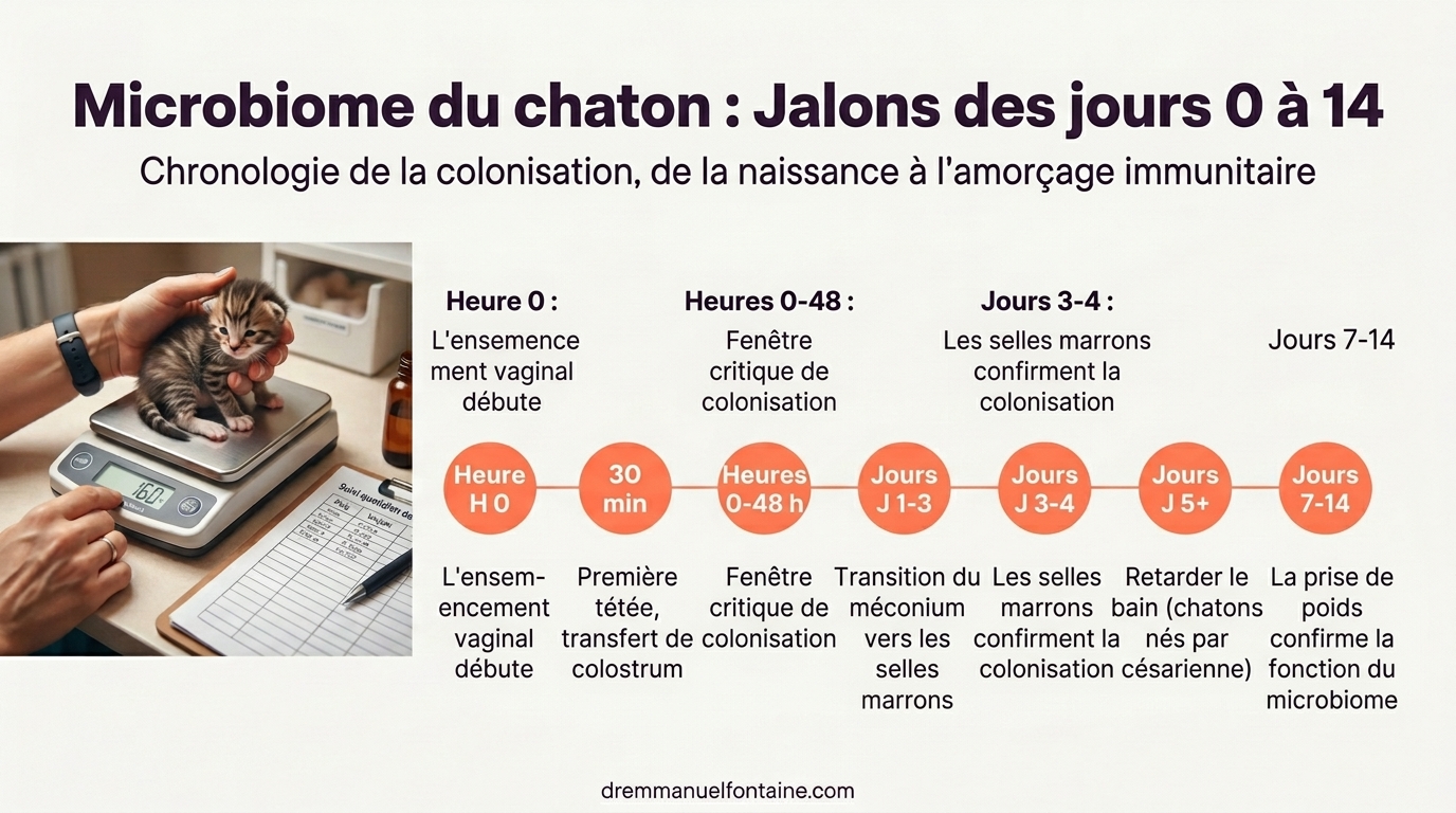 Infographie des étapes de colonisation du microbiome du chaton jour 0-14