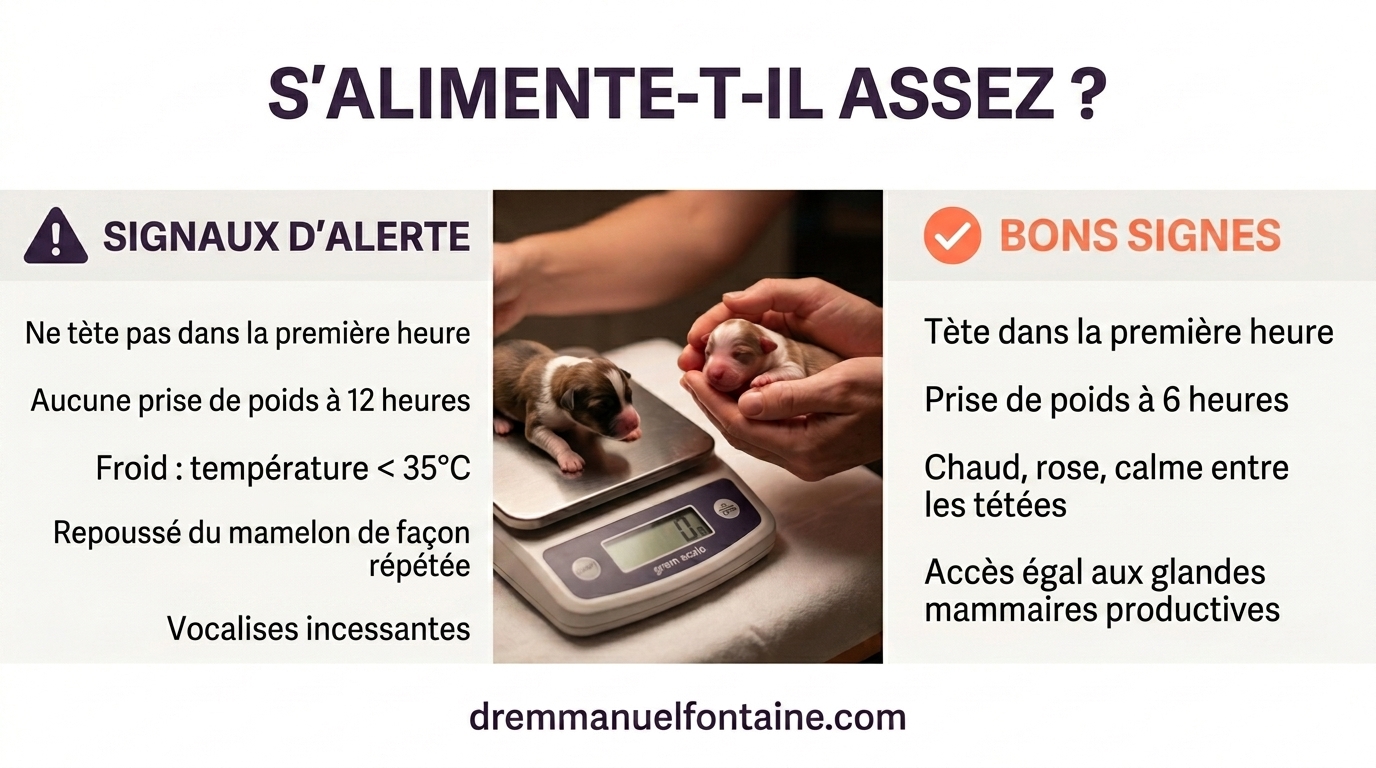 Ce néonate reçoit-il assez ? Liste de contrôle drapeau rouge / drapeau vert pour l'ingestion de colostrum dans les 24 premières heures