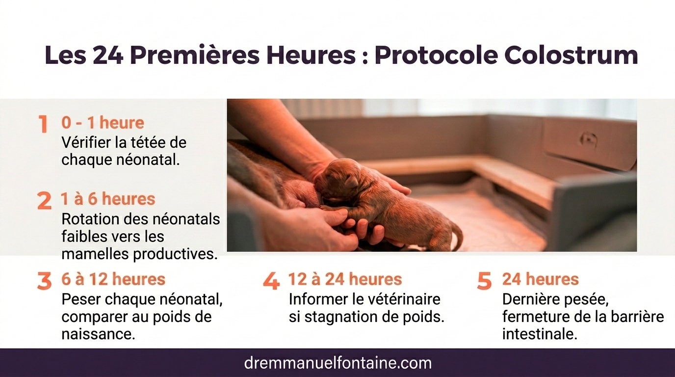 Protocole colostrum des 24 premières heures - liste de vérification en 5 étapes pour chaque néonate dans la boîte de parturition