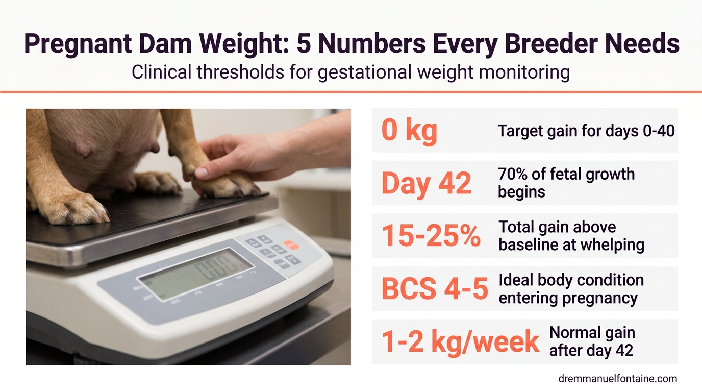 Pregnant dam weight - 5 numbers and clinical thresholds infographic by Dr. Emmanuel Fontaine