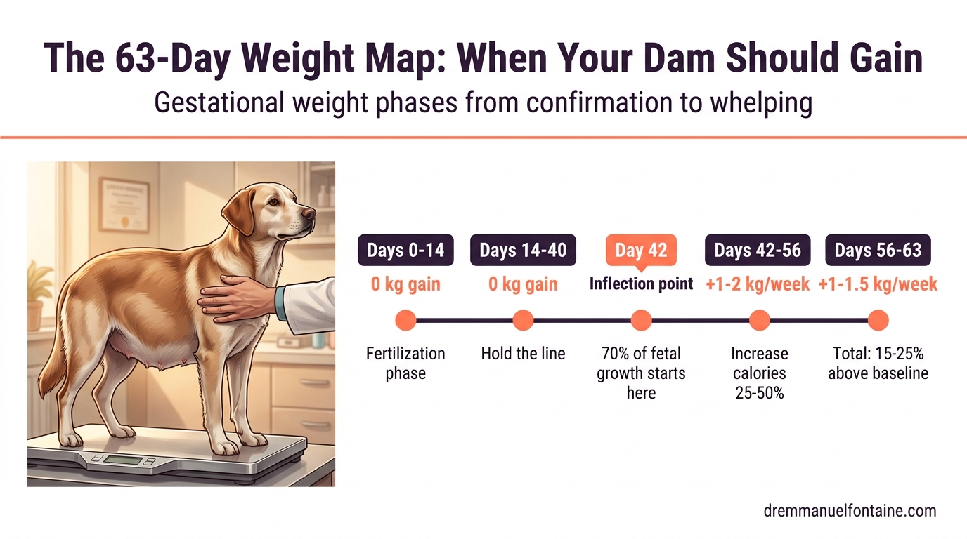 Pregnant dog 63-day weight map - gestational gain timeline infographic by Dr. Emmanuel Fontaine