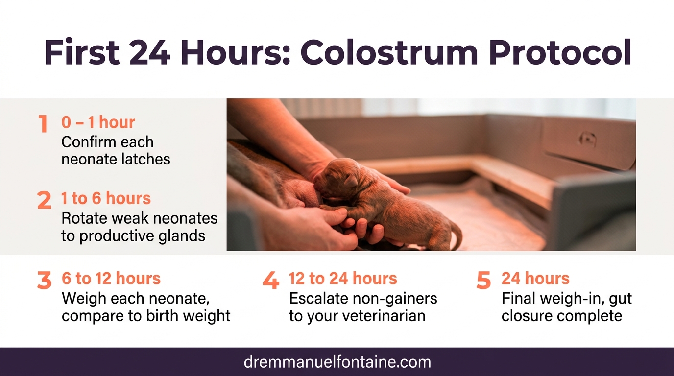 First 24 hours colostrum protocol - 5-step checklist for every neonate in the whelping box