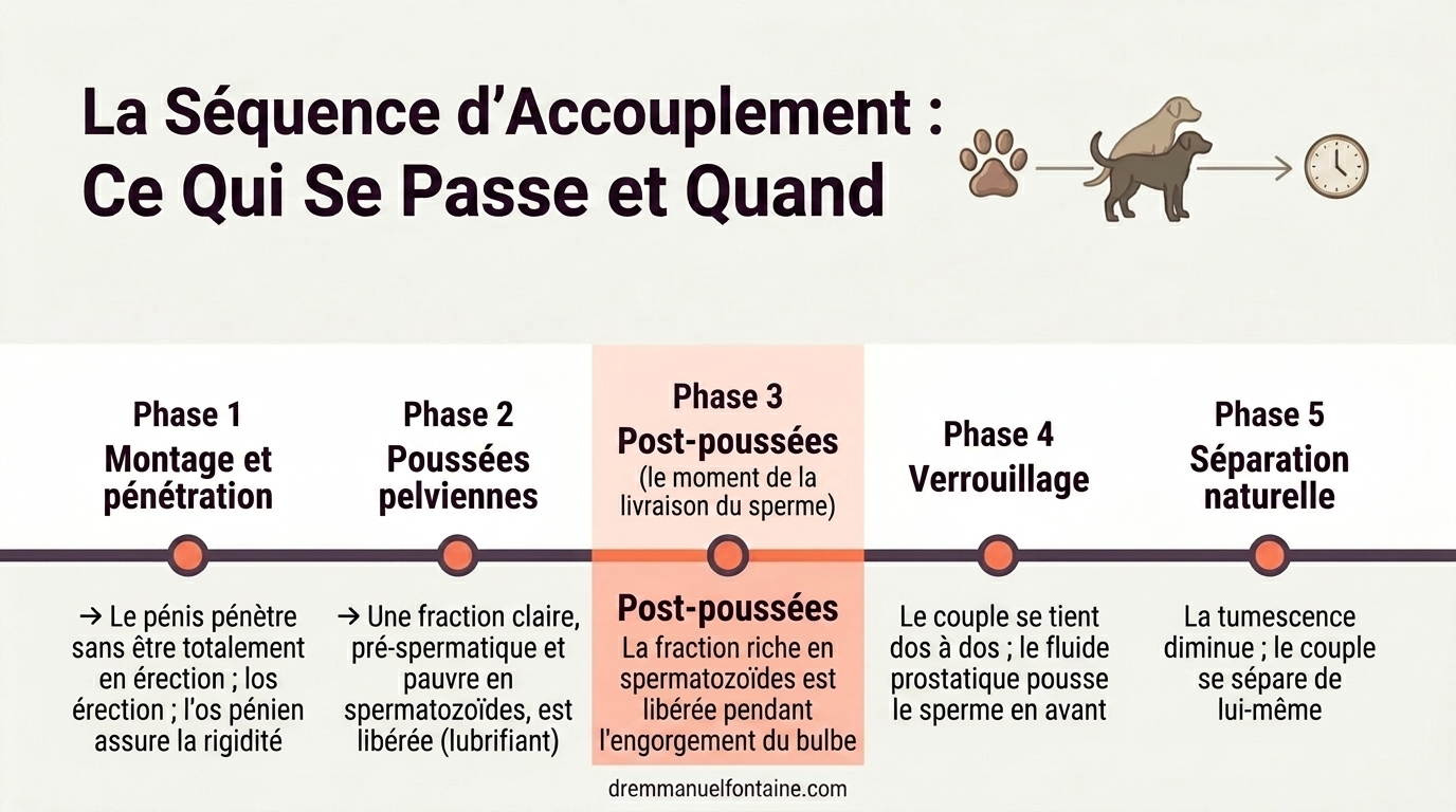La sequence d'accouplement : ce qui se passe et quand - infographie par Dr Emmanuel Fontaine