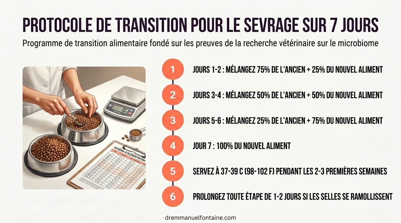 Infographie protocole de transition 7 jours sevrage chiot