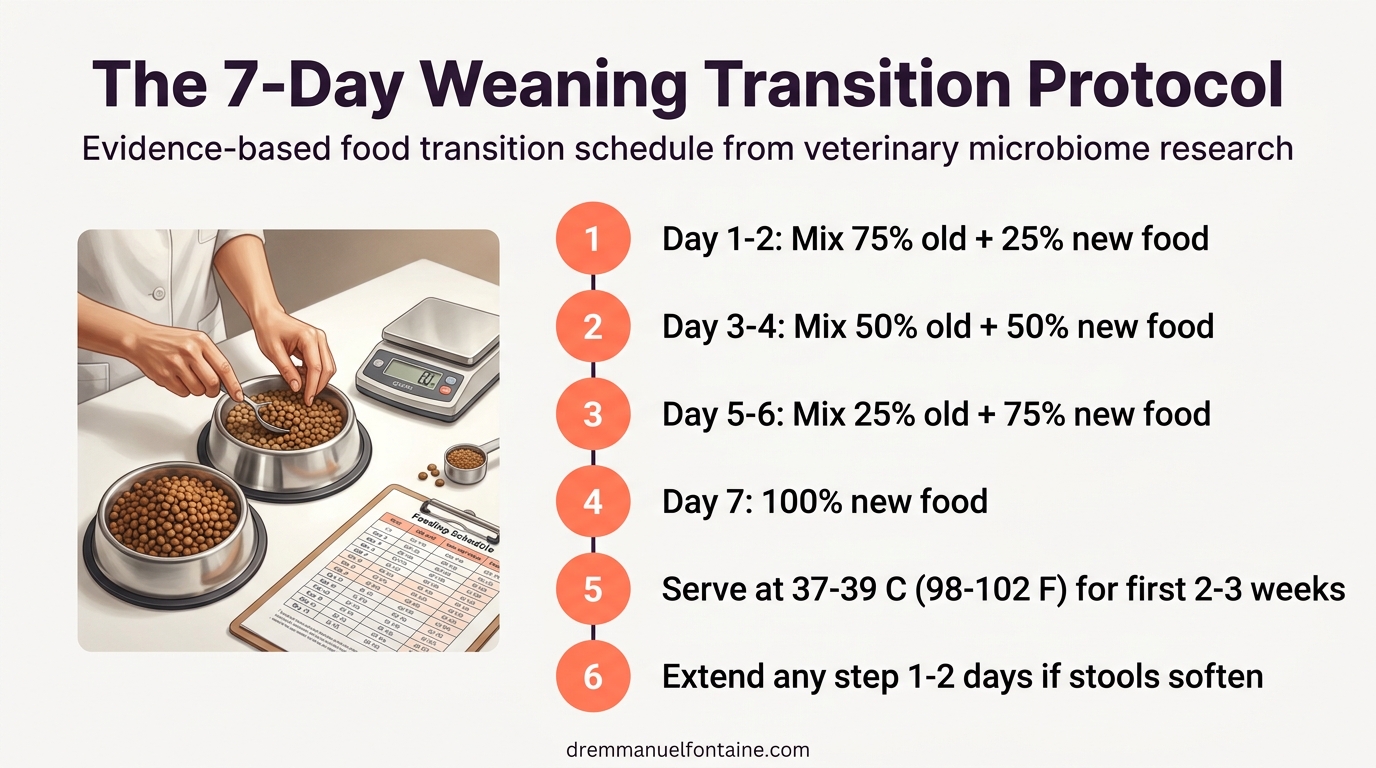Weaning puppy 7-day transition protocol infographic