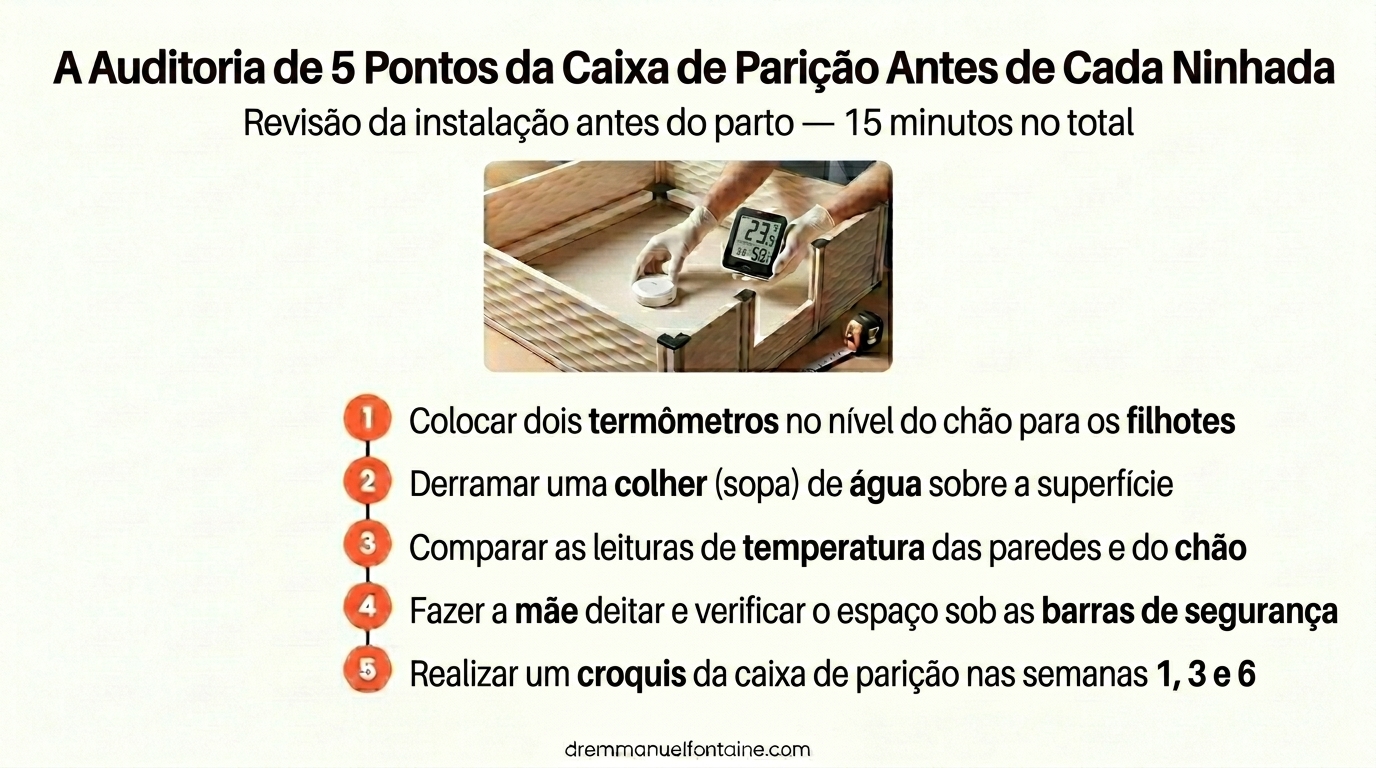 A auditoria de 5 pontos da caixa de parto a fazer antes de cada ninhada