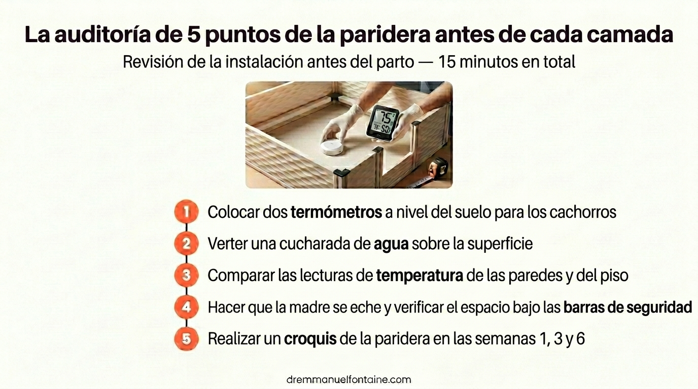 La auditoría de 5 puntos de la caja de parto a realizar antes de cada camada