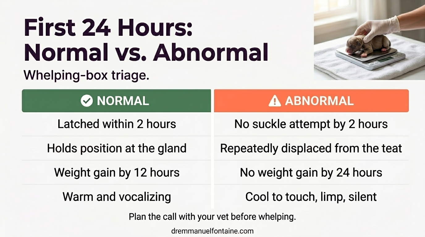 First 24 Hours Normal vs Call Your Vet triage infographic