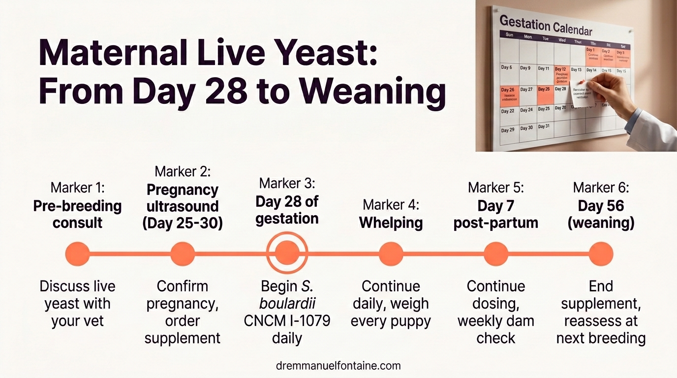 Maternal Live Yeast: Day 28 to Weaning timeline infographic