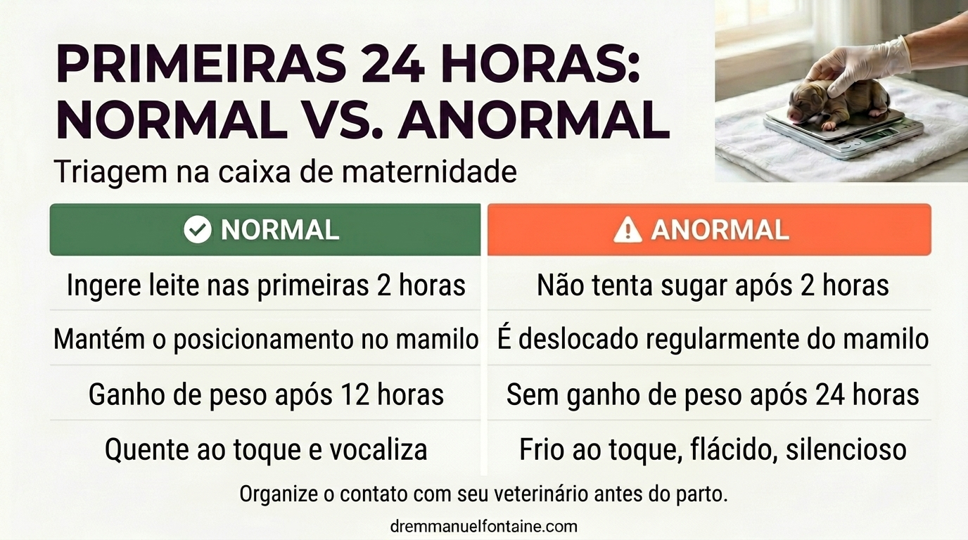 Infográfico triagem das primeiras 24 horas normal vs ligar para o veterinário
