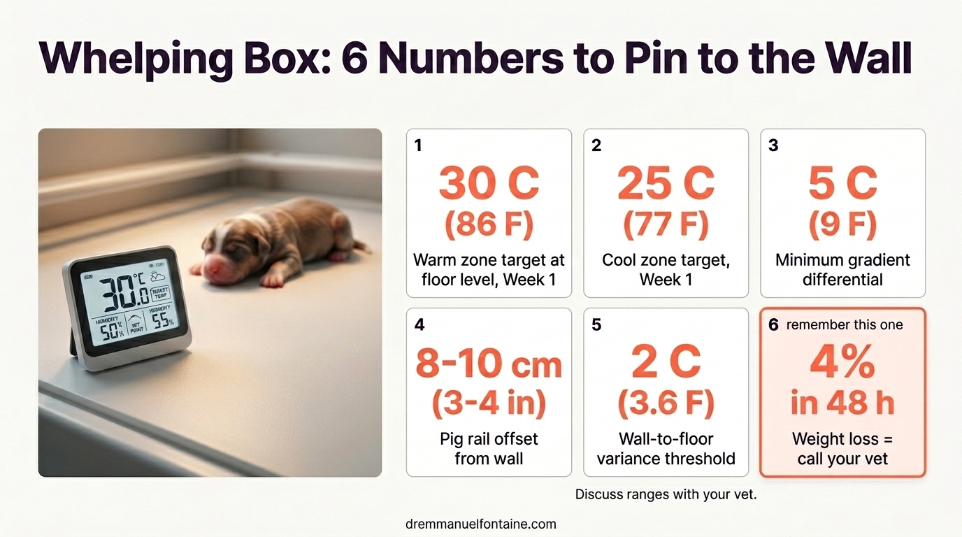 Six whelping-box numbers to pin to the wall as a clinical reference