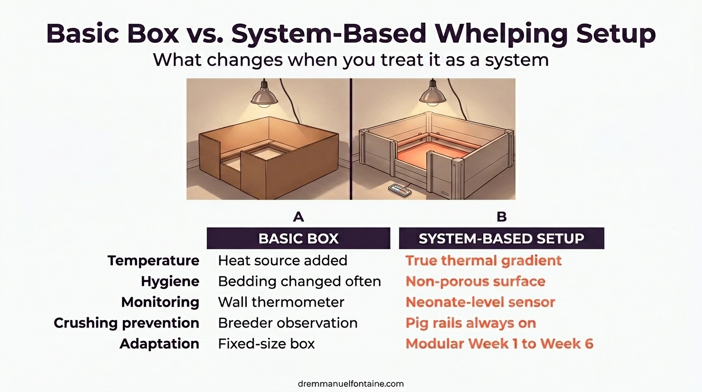 Basic whelping box vs. system-based whelping setup side-by-side comparison