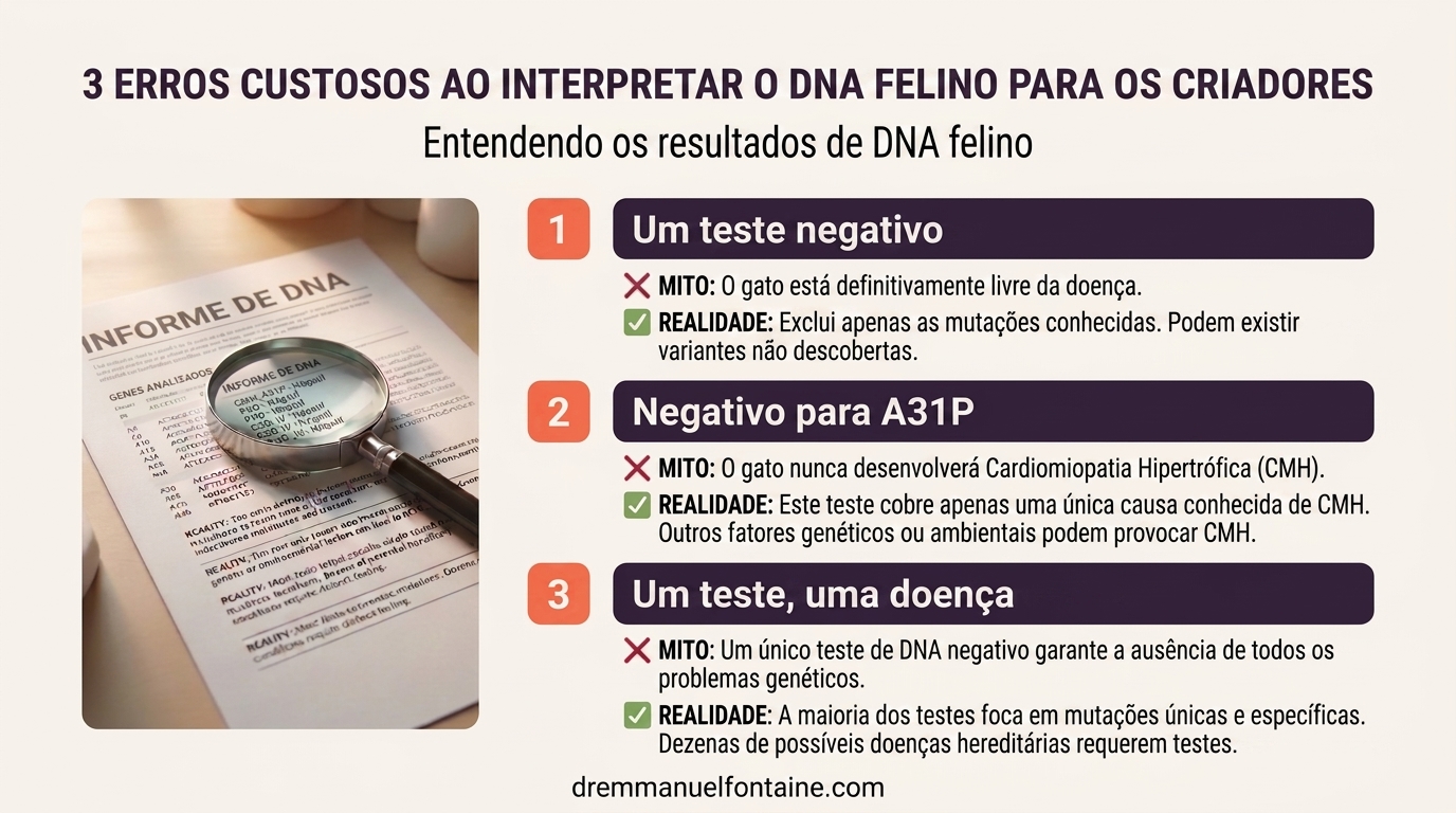 Infográfico de três erros comuns na leitura de um teste de DNA felino